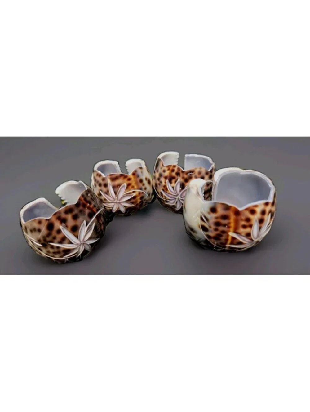4 Vintage Cowrie Shell Napkin Rings Carved Flower Spotted Tiki Tropical Beach